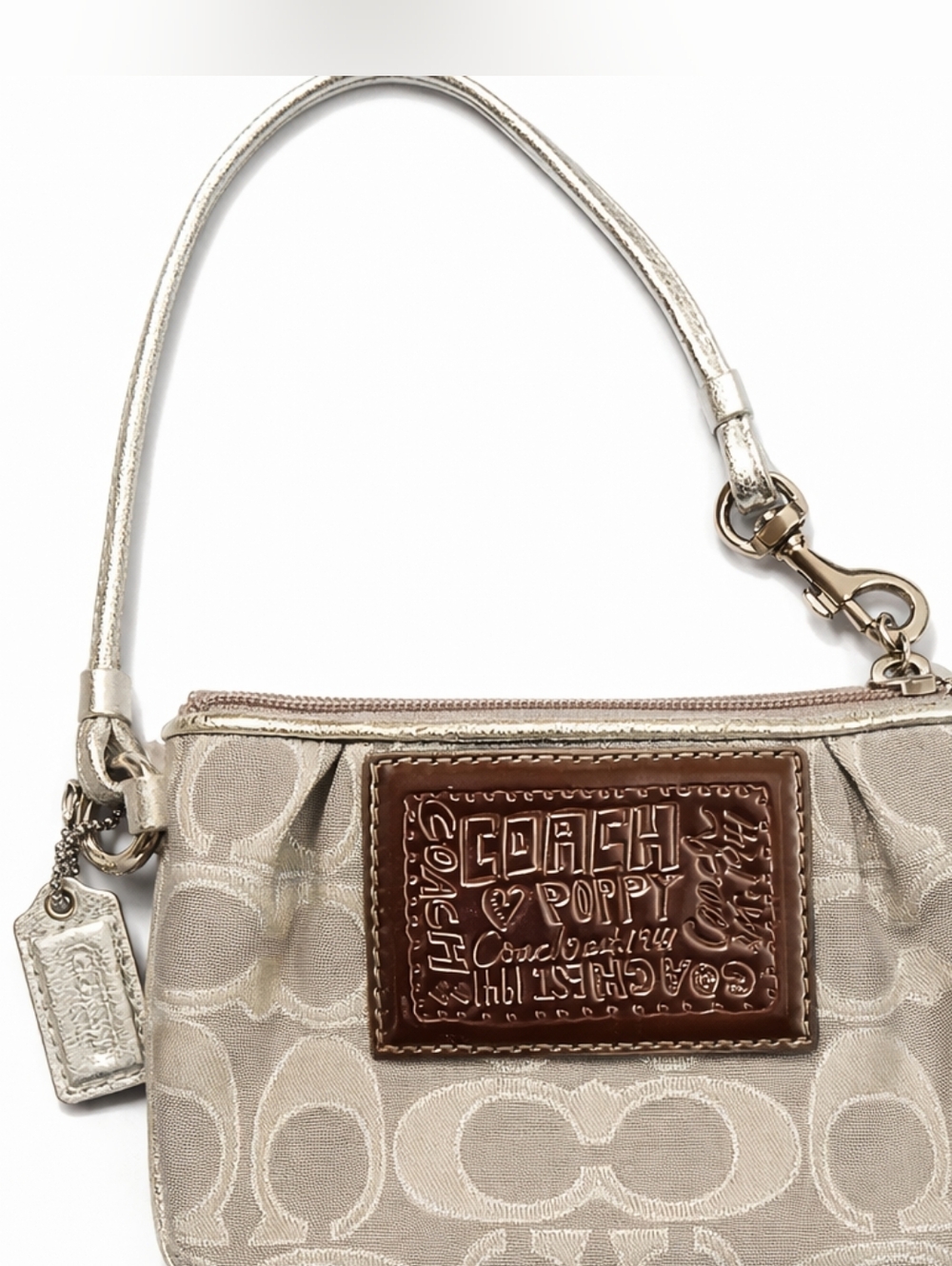 Coach Poppy Signature Wristlet Beige Gold Mini Bag Canvas Logo Wristlet